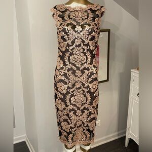 Tadashi Shoji Black and Gold Sheath Dress Sleeveless Crew Neck